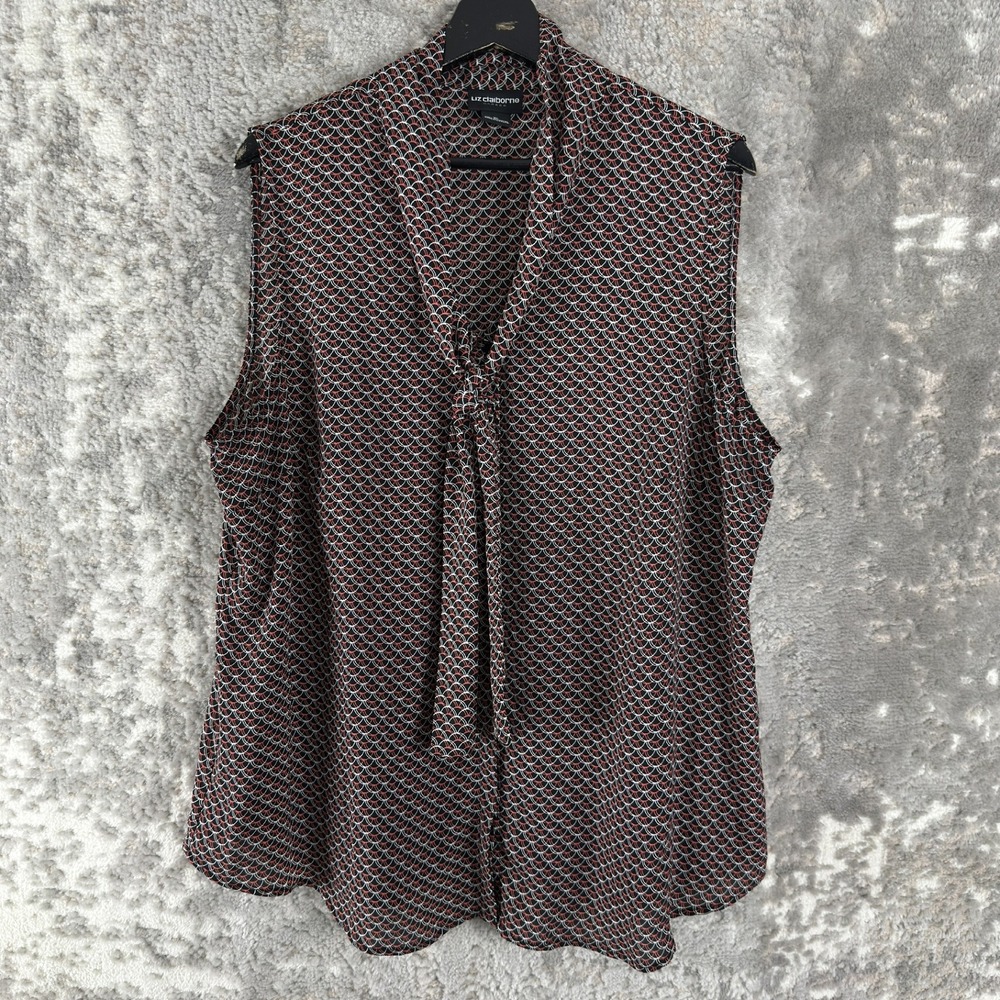 Liz Claiborne Size XL Tie Neck Scallop Print Shell Blouse Black Sleeveless Women
